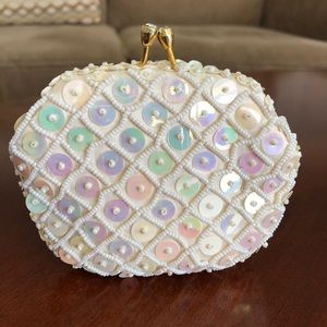 VTG Evening Beaded Coin Purse Off White Hand Made
